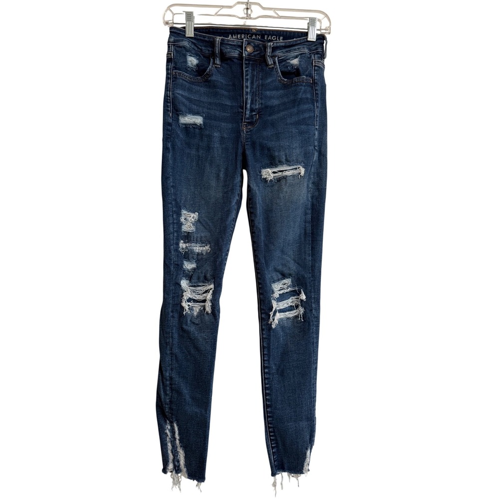 American Eagle Super Hi-Rise Jegging Dark Wash Distressed Jeans Size 6 Regular